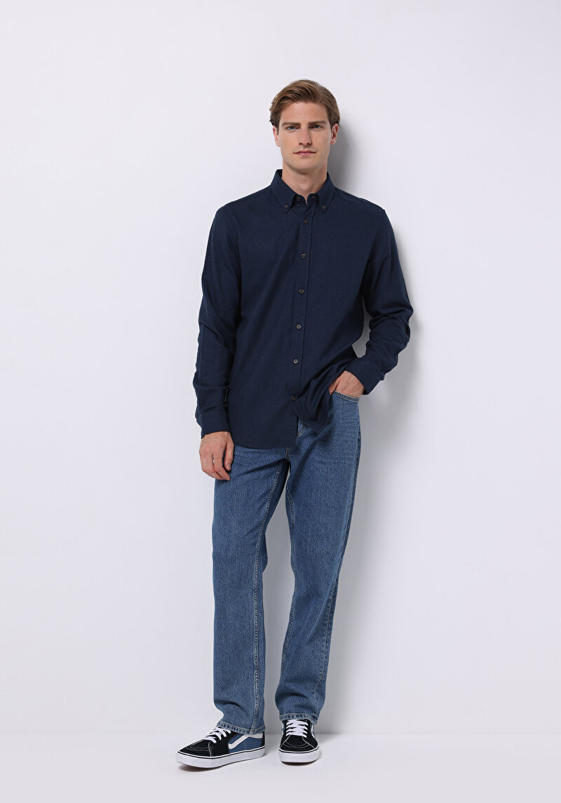 Regular Fit Shirt Neck Pamuklu Düz Erkek Lacivert Uzun Kol Gömlek
