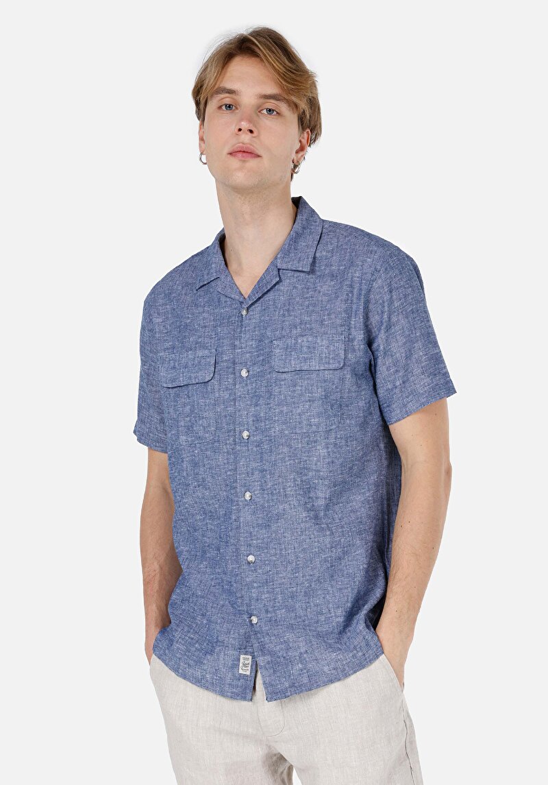 Comfort Fit Shirt Neck Düz Erkek Mavi Cepli Kısa Kol Gömlek