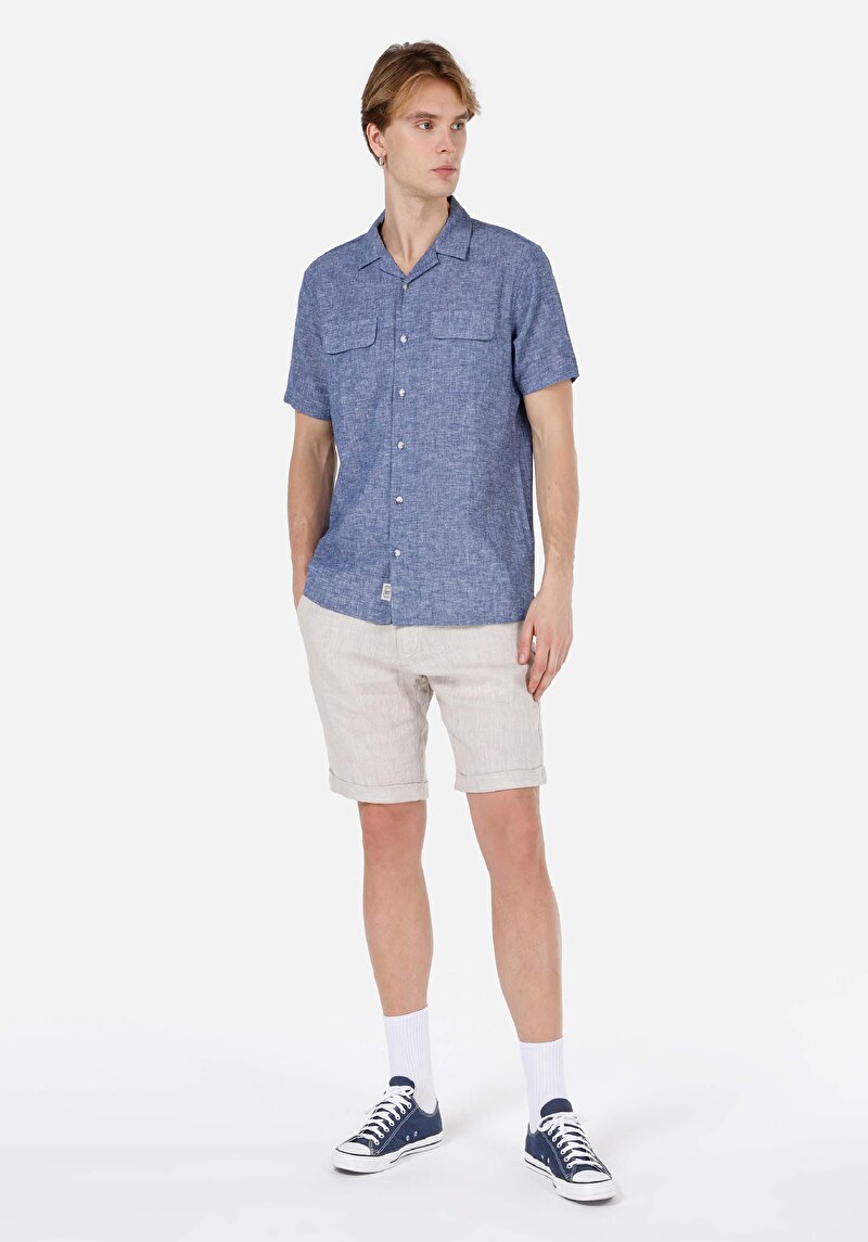 Comfort Fit Shirt Neck Düz Erkek Mavi Cepli Kısa Kol Gömlek