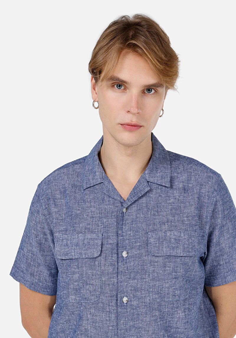 Comfort Fit Shirt Neck Düz Erkek Mavi Cepli Kısa Kol Gömlek