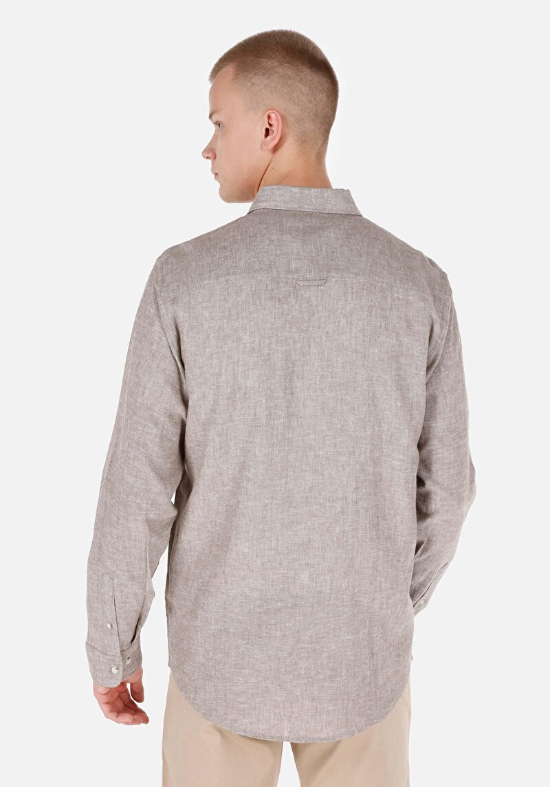 Comfort Fit Shirt Neck Düz Erkek Kahverengi Uzun Kol Gömlek