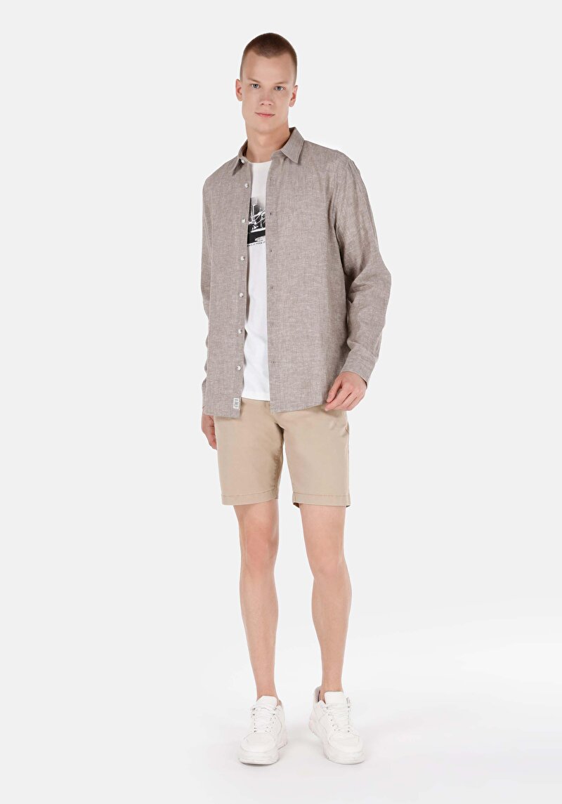 Comfort Fit Shirt Neck Düz Erkek Kahverengi Uzun Kol Gömlek