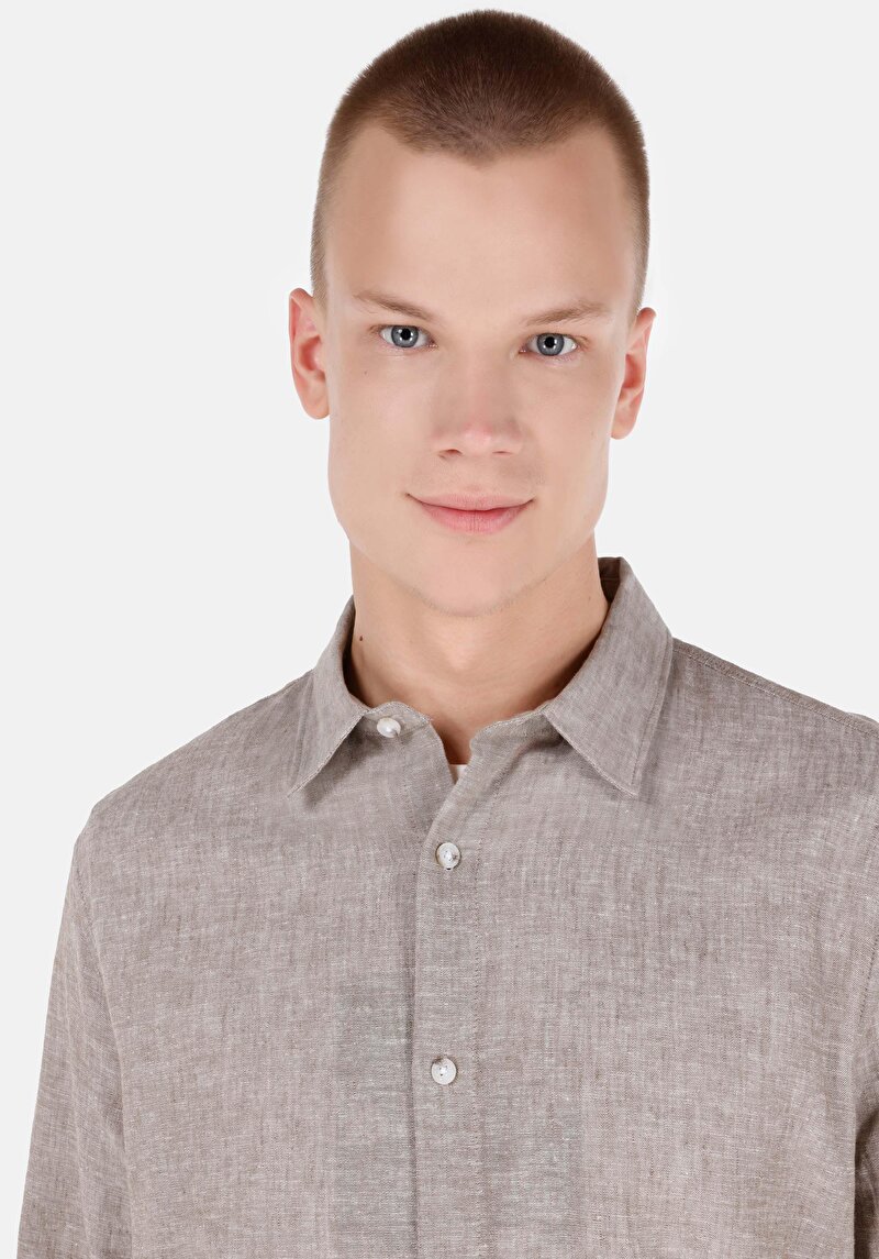 Comfort Fit Shirt Neck Düz Erkek Kahverengi Uzun Kol Gömlek
