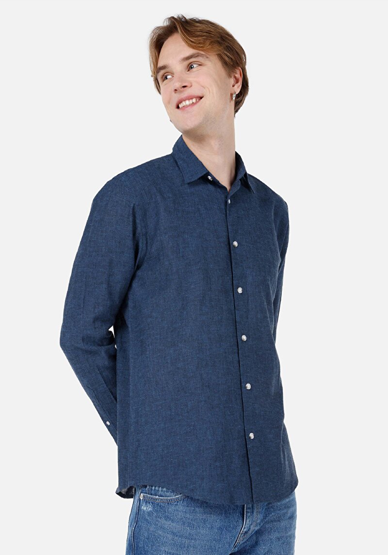 Comfort Fit Shirt Neck Düz Erkek Lacivert Cepsiz Uzun Kol Gömlek