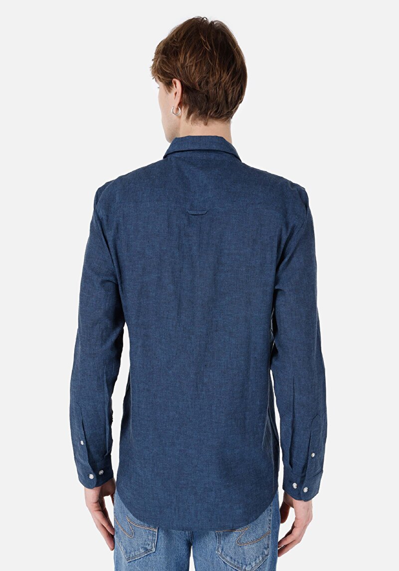 Comfort Fit Shirt Neck Düz Erkek Lacivert Cepsiz Uzun Kol Gömlek