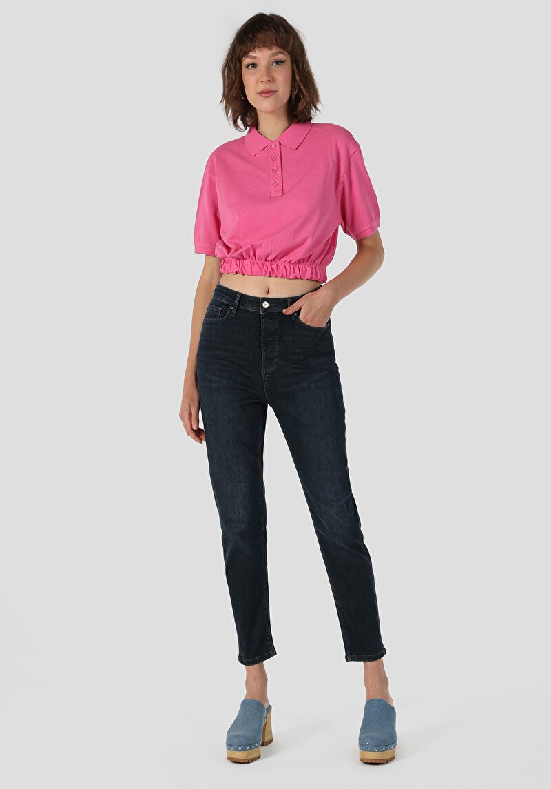 Mom Fit Yüksek Bel Daralan Paça Kadın Koyu İndigo Jean Pantolon