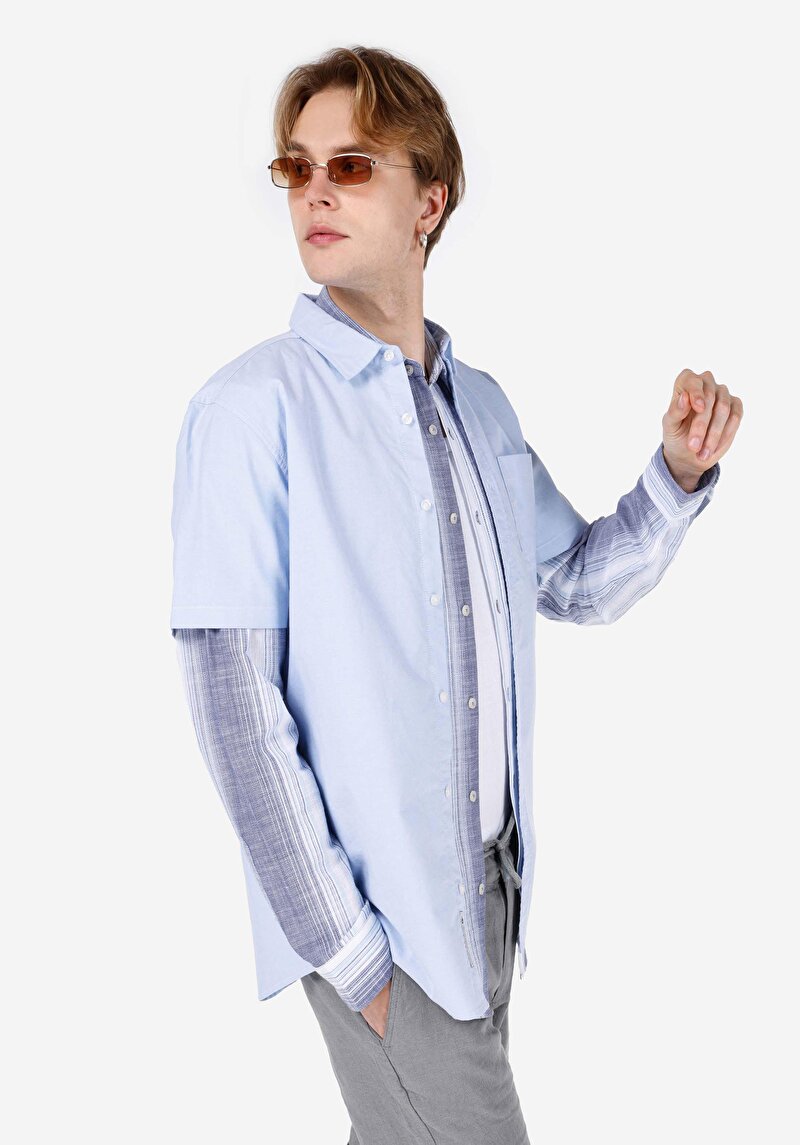 Regular Fit Shirt Neck Cepli Düz Erkek Mavi Kısa Kol Gömlek