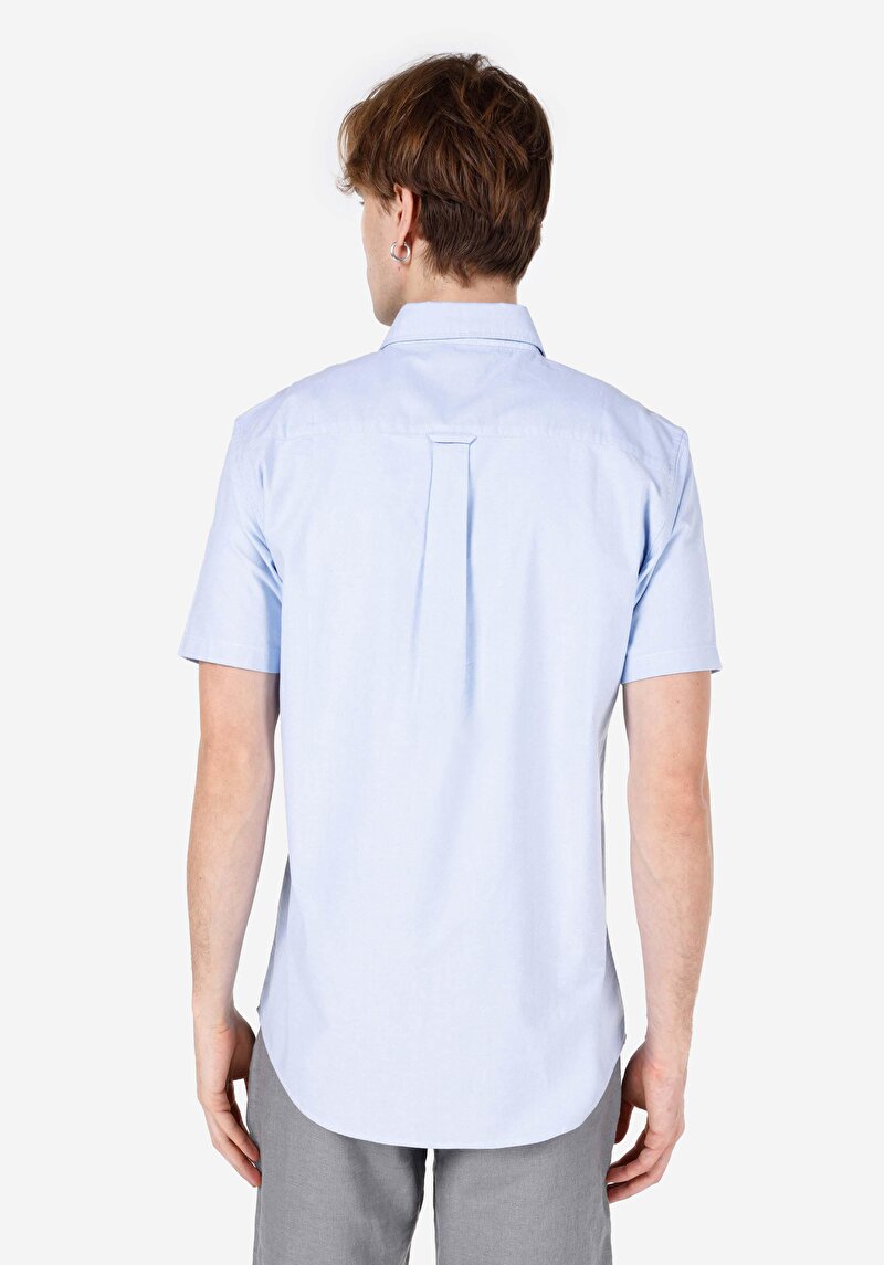 Regular Fit Shirt Neck Cepli Düz Erkek Mavi Kısa Kol Gömlek