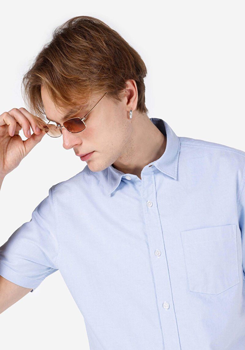 Regular Fit Shirt Neck Cepli Düz Erkek Mavi Kısa Kol Gömlek