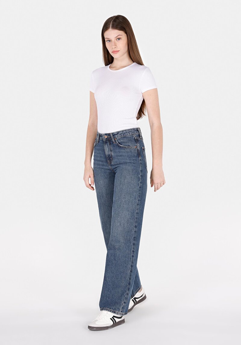 Regular Fit Yüksel Bel Geniş Paça Kadın İndigo Jean Pantolon