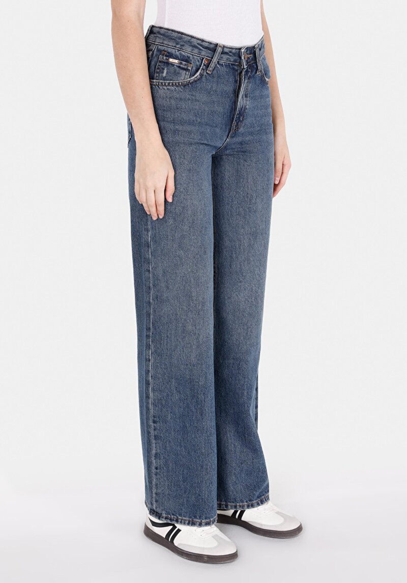 Regular Fit Yüksel Bel Geniş Paça Kadın İndigo Jean Pantolon