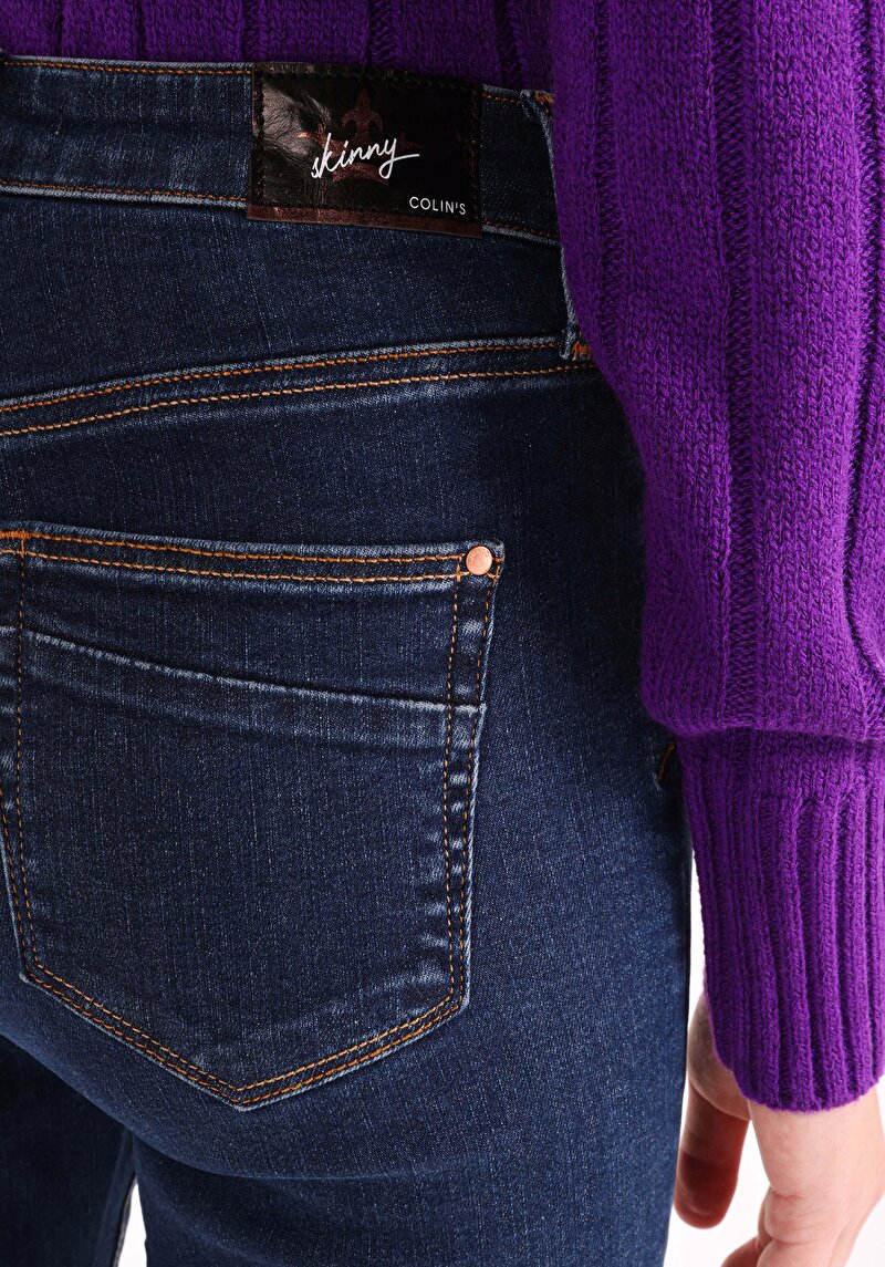 Skinny Fit Yüksek Bel Dar Paça Kadın Koyu İndigo Jean Pantolon