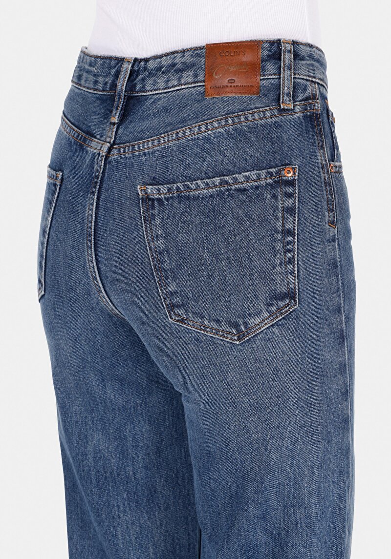 Regular Fit Yüksel Bel Geniş Paça Kadın İndigo Jean Pantolon