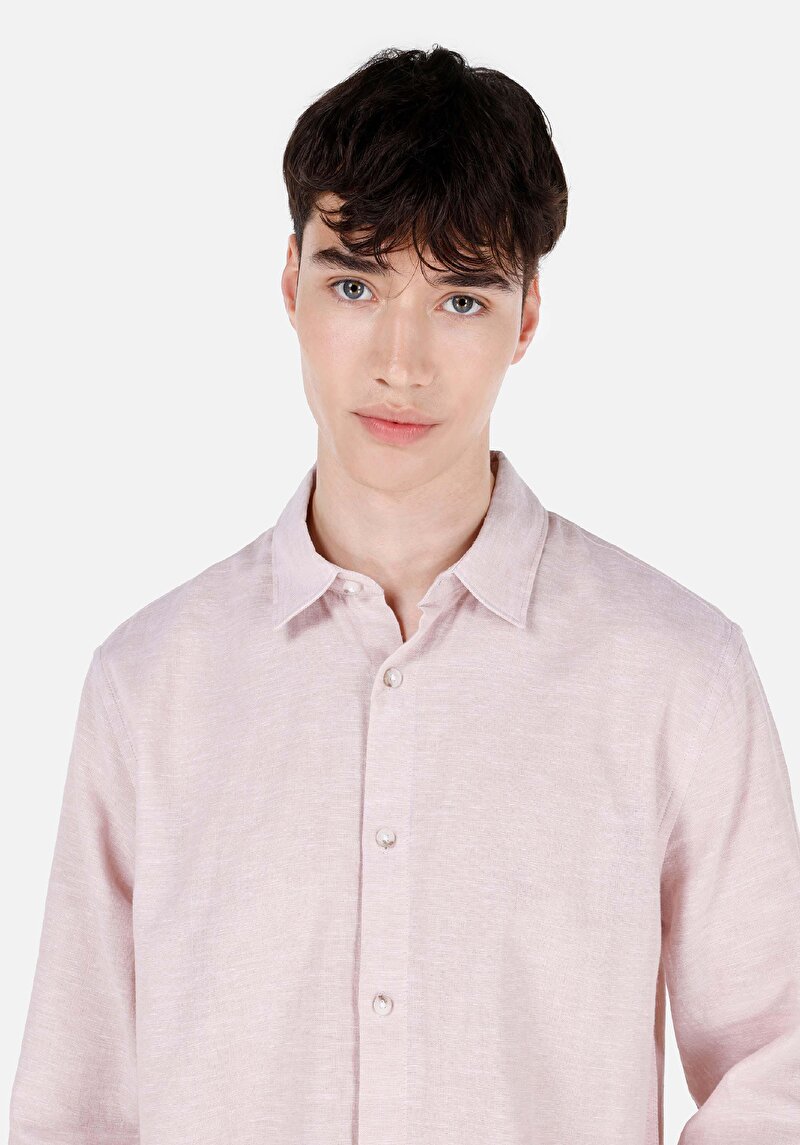 Comfort Fit Shirt Neck Düz Erkek Pembe Uzun Kol Gömlek
