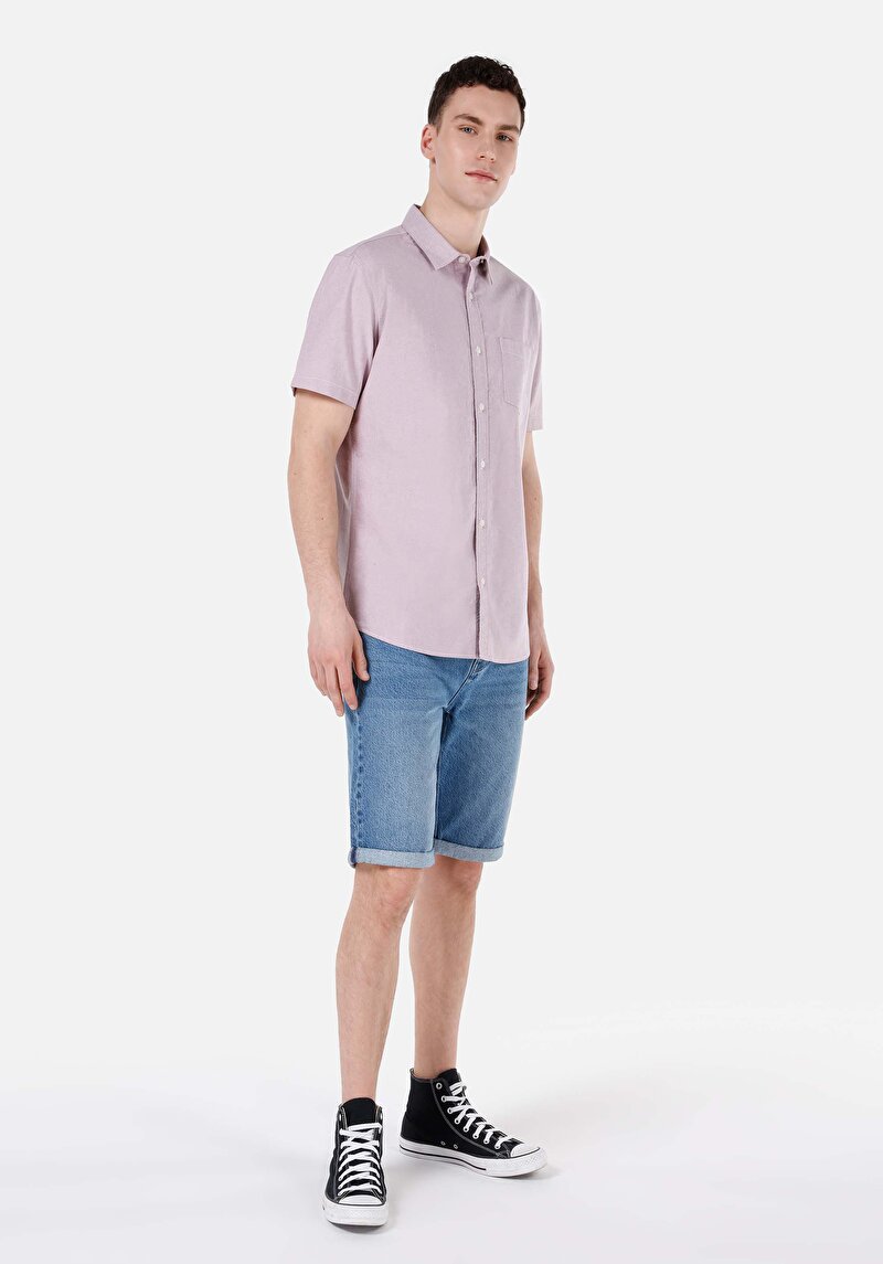 Regular Fit Shirt Neck Düz Erkek Pembe Kısa Kol Gömlek