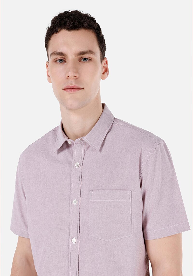 Regular Fit Shirt Neck Düz Erkek Pembe Kısa Kol Gömlek
