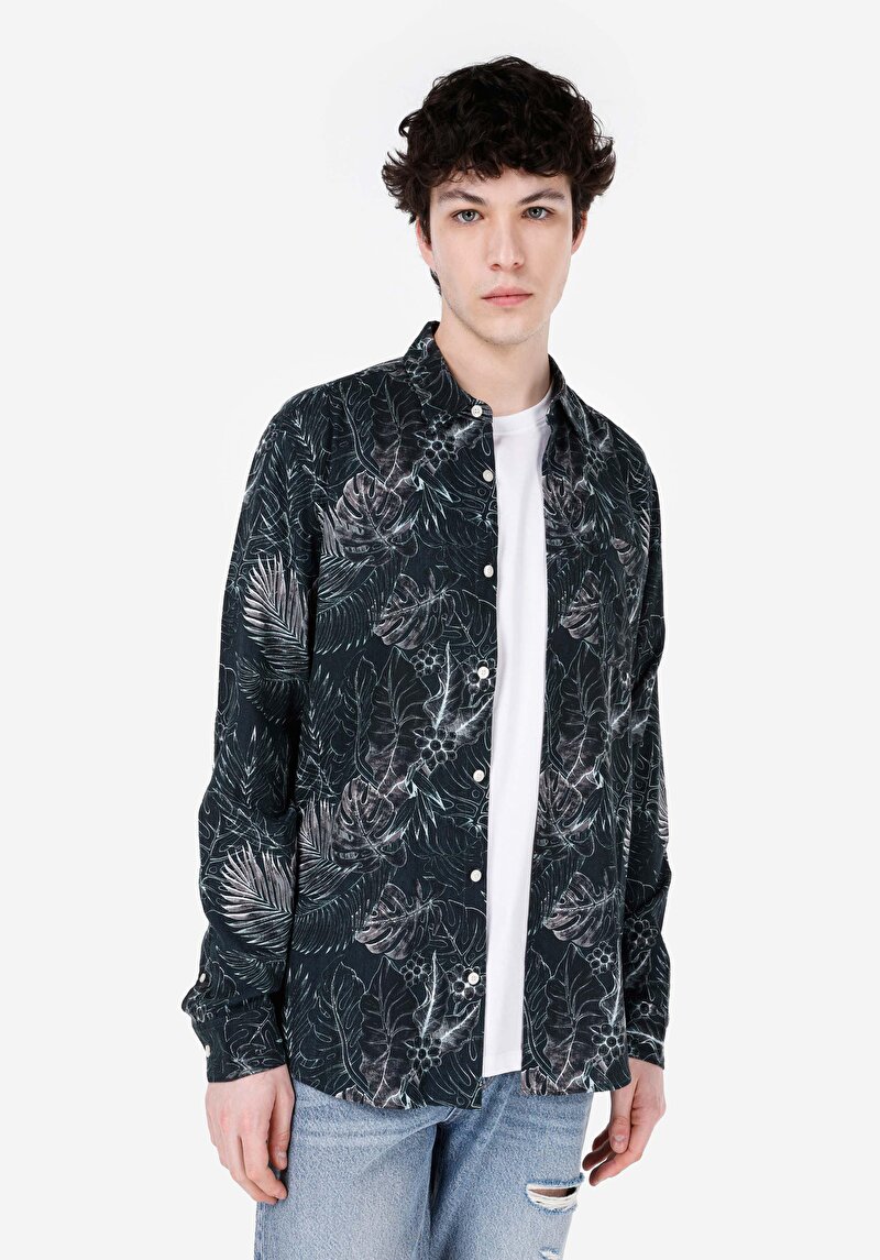 Regular Fit Shirt Neck Baskılı Erkek Yeşil Uzun Kol Gömlek