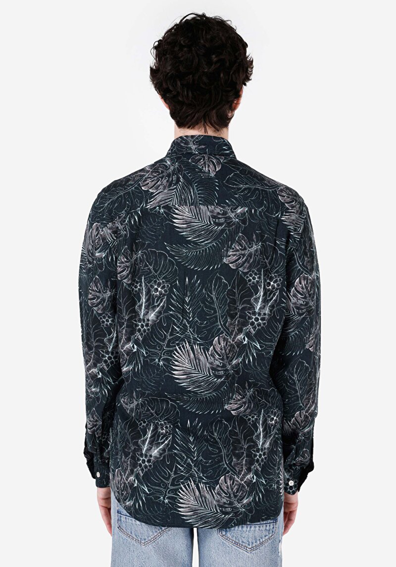 Regular Fit Shirt Neck Baskılı Erkek Yeşil Uzun Kol Gömlek