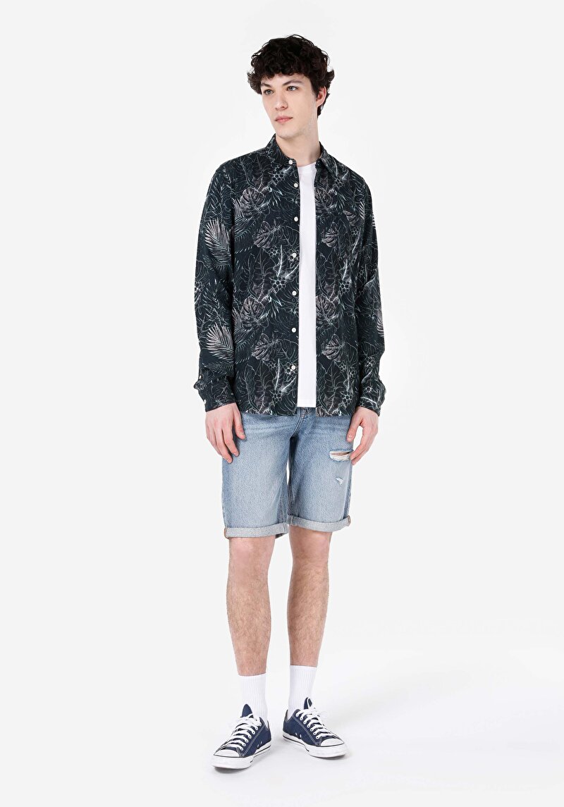 Regular Fit Shirt Neck Baskılı Erkek Yeşil Uzun Kol Gömlek