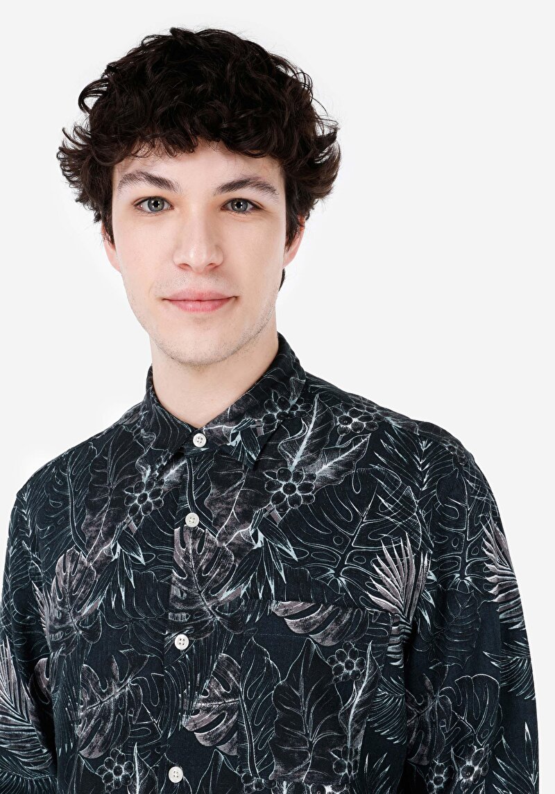 Regular Fit Shirt Neck Baskılı Erkek Yeşil Uzun Kol Gömlek