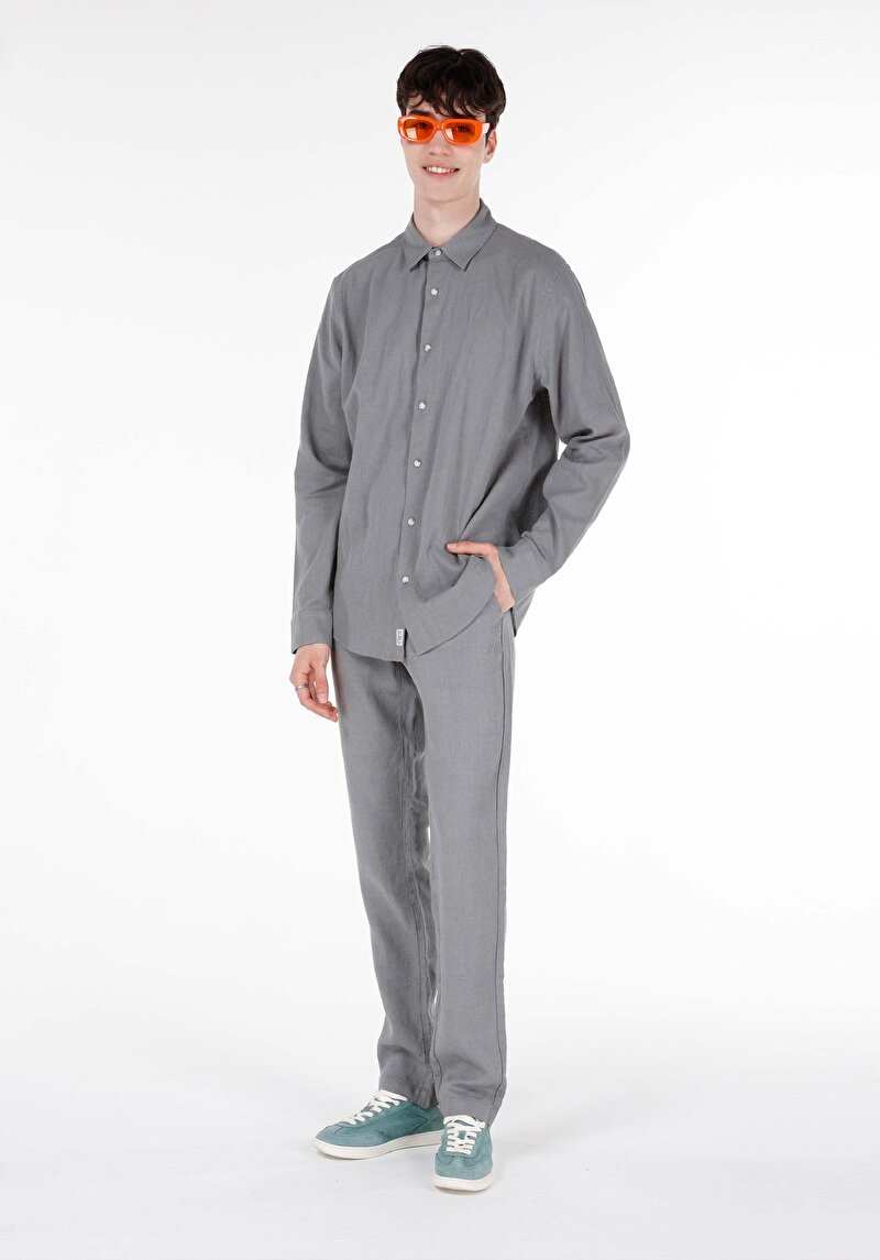 Regular Fit Orta Bel Düz Paça Erkek Yeşil Keten Pantolon