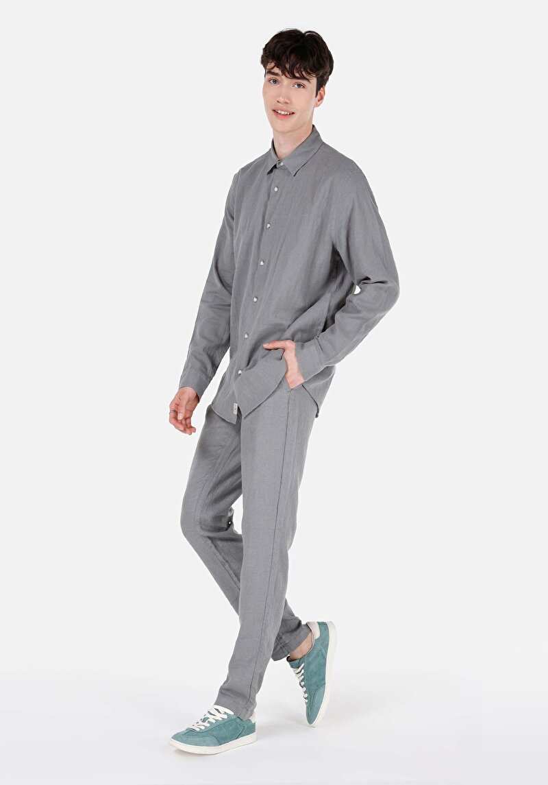 Regular Fit Orta Bel Düz Paça Erkek Yeşil Keten Pantolon