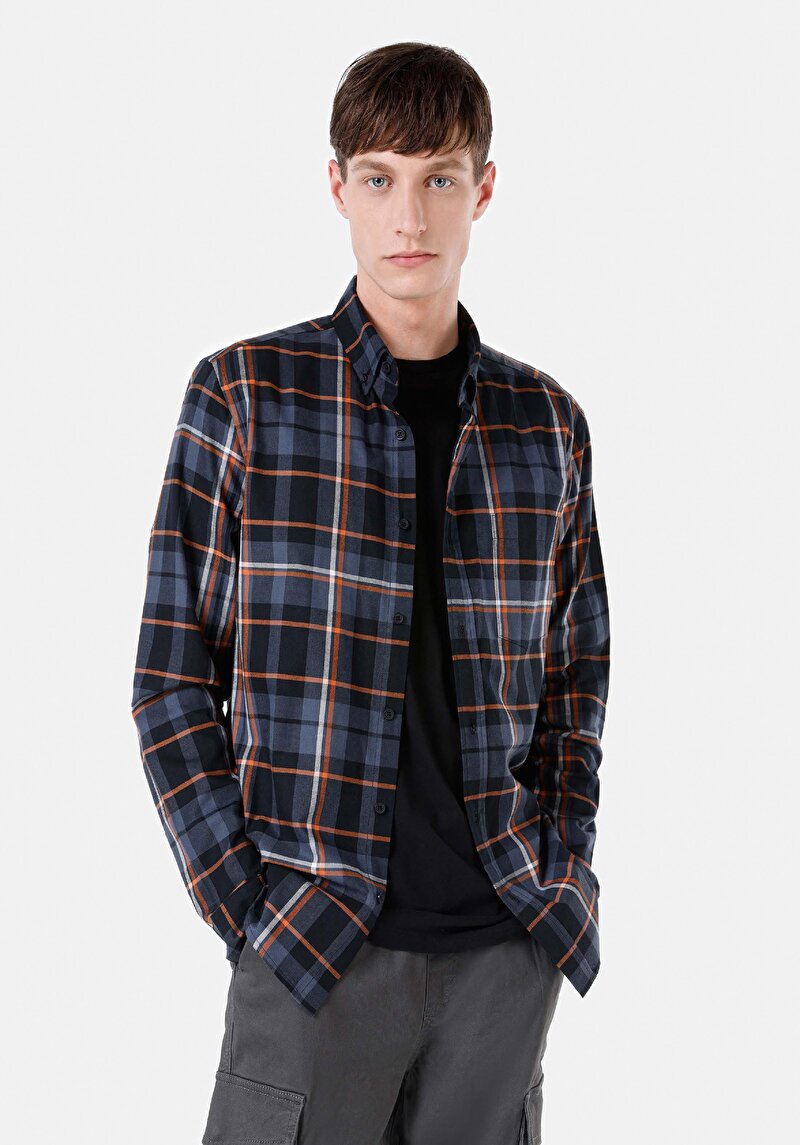 Slim Fit Shirt Neck Ekoseli Erkek Siyah Uzun Kol Gömlek