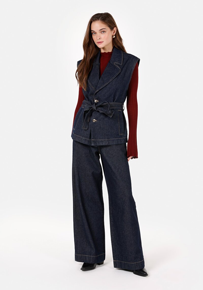 Regular Fit Yüksel Bel Geniş Paça Kadın İndigo Jean Pantolon