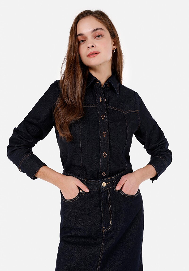 Regular Fit Klasik Yaka Kadın Mavi Uzun Kol Gömlek