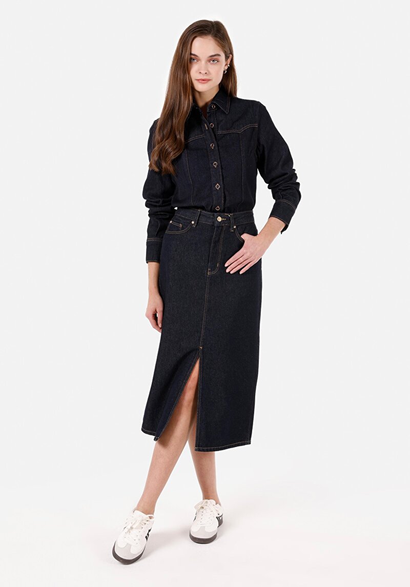 Regular Fit Klasik Yaka Kadın Mavi Uzun Kol Gömlek