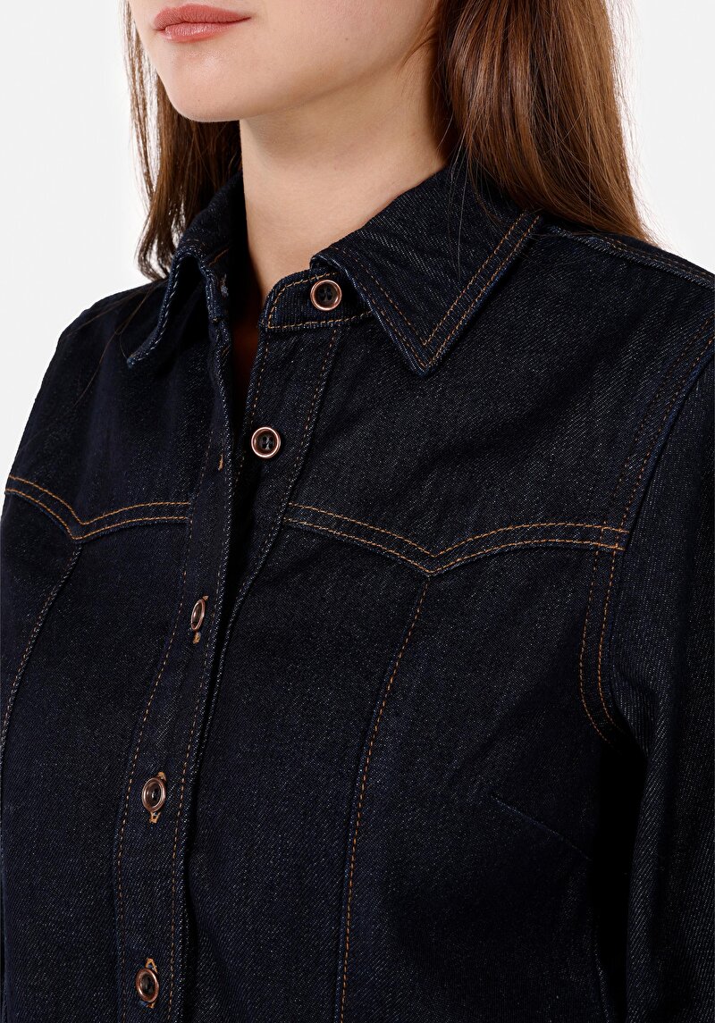 Regular Fit Klasik Yaka Kadın Mavi Uzun Kol Gömlek