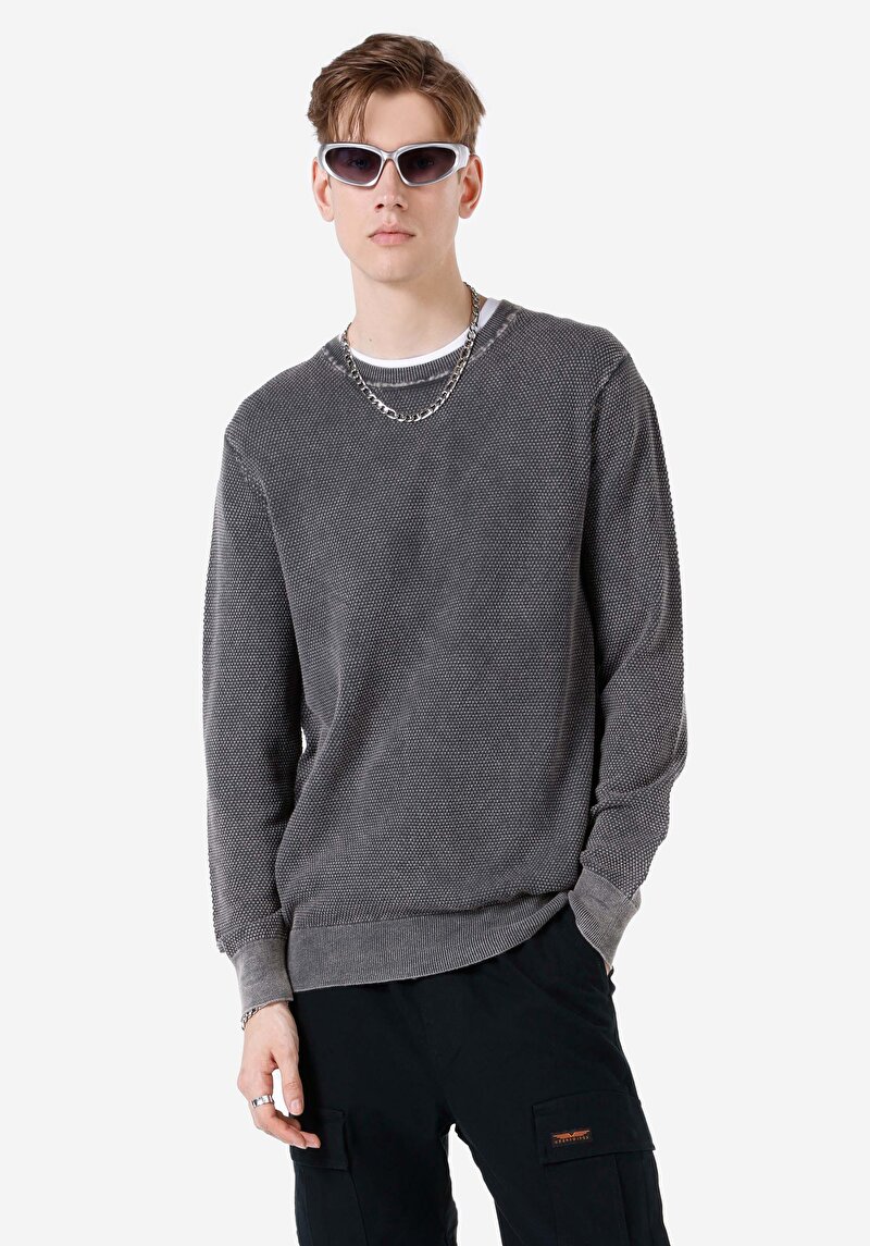 Regular Fit Yuvarlak Yaka Jakarlı Erkek Antrasit Kazak