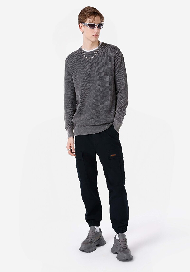 Regular Fit Yuvarlak Yaka Jakarlı Erkek Antrasit Kazak