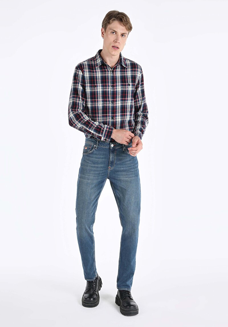 Regular Fit Orta Bel Daralan Paça Erkek İndigo Jean Pantolon