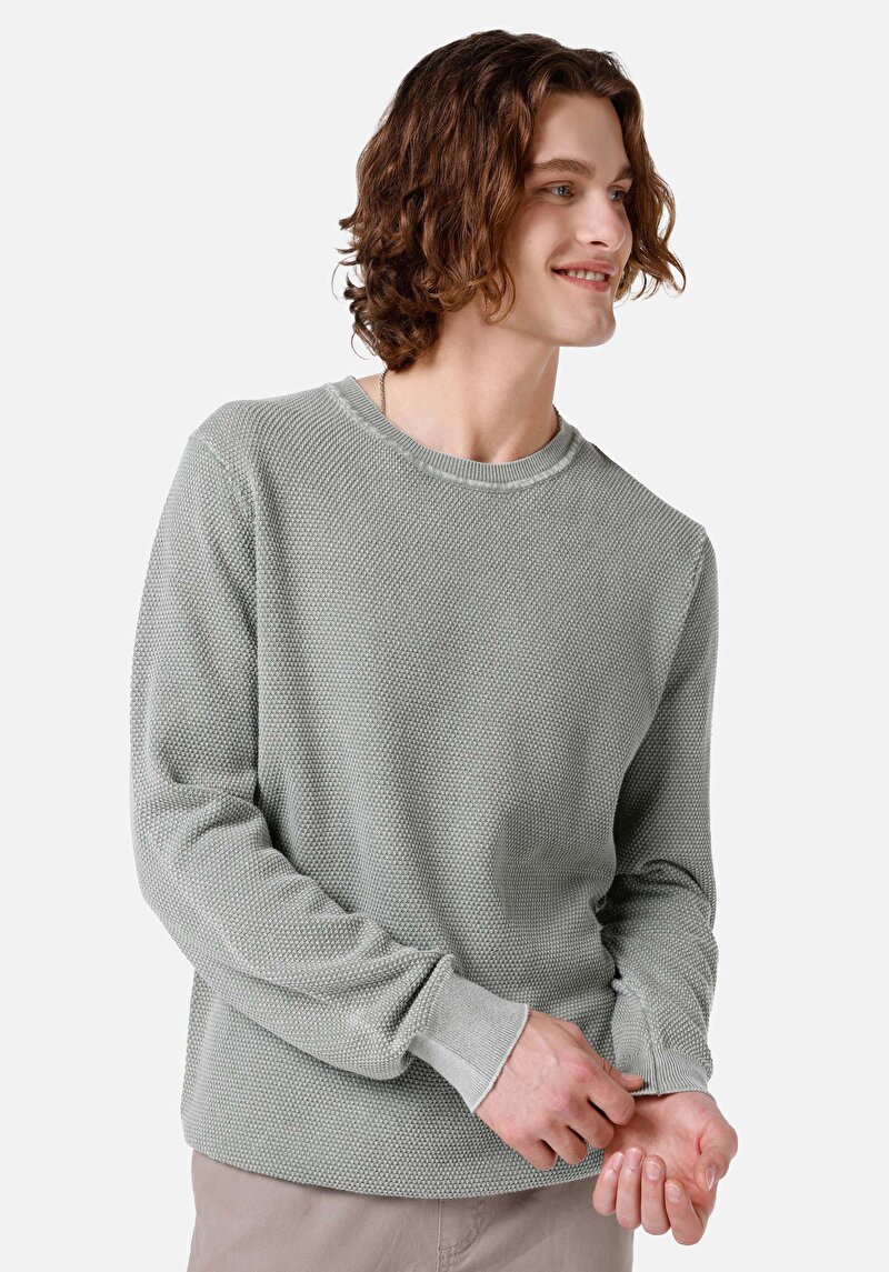 Regular Fit Yuvarlak Yaka Jakarlı Erkek Yeşil Kazak