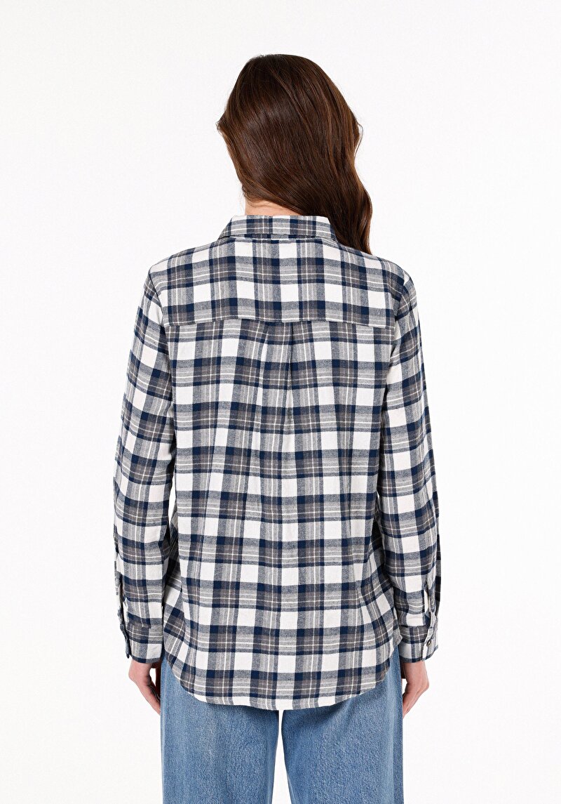 Regular Fit Shirt Neck Ekoseli Kadın Mavi Uzun Kol Gömlek