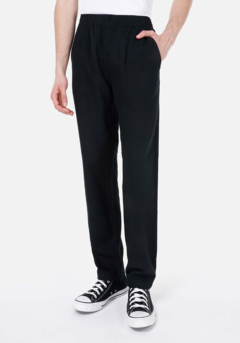 Regular Fit Orta Bel Düz Paça Erkek Siyah Pantolon