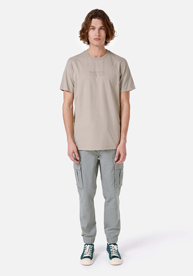 Regular Fit Yuvarlak Yaka Erkek Bej Kısa Kol Tişört