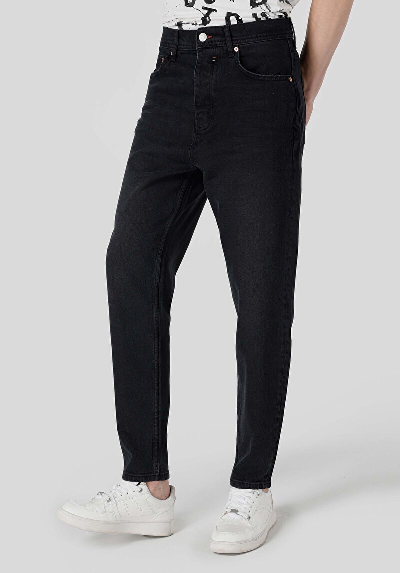 Loose Tapered Fit Süper Yüksek Bel Daralan Paça Erkek Gri Jean Pantolon