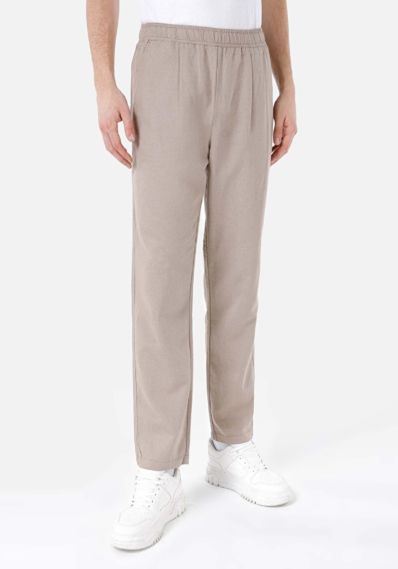 Regular Fit Orta Bel Düz Paça Erkek Bej  Pantolon