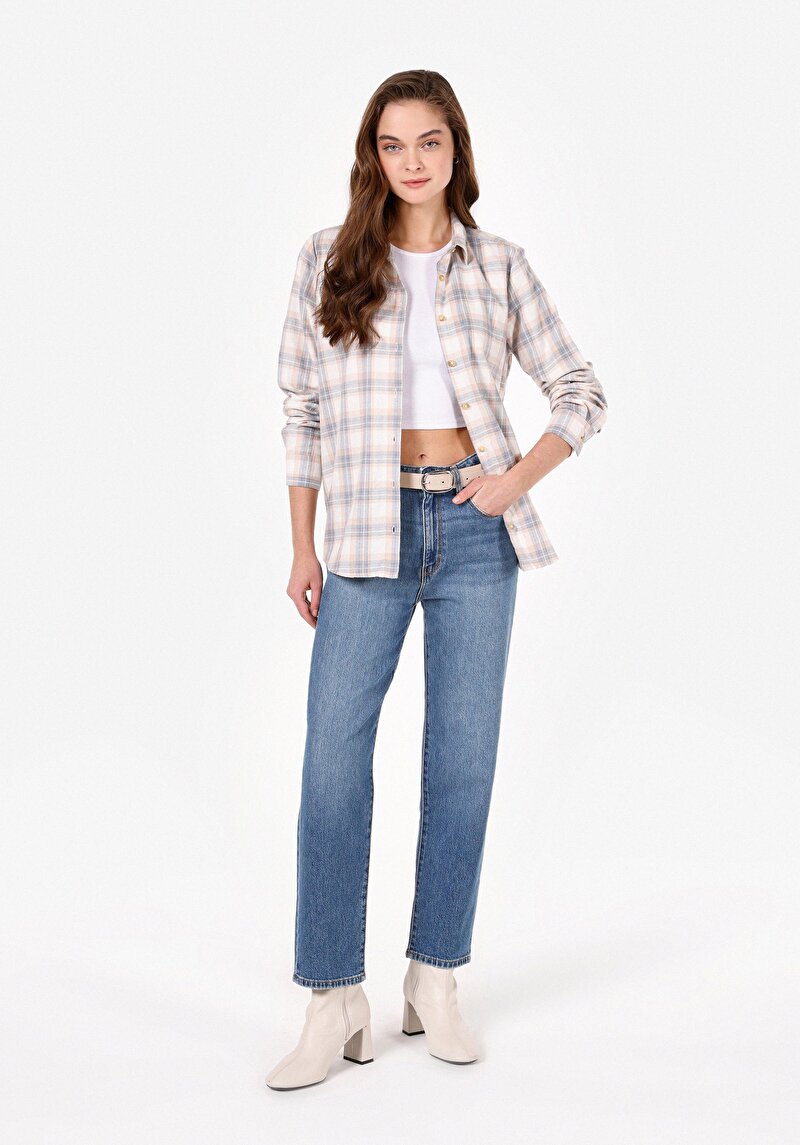 Regular Fit Shirt Neck Ekoseli Kadın Ekru Uzun Kol Gömlek