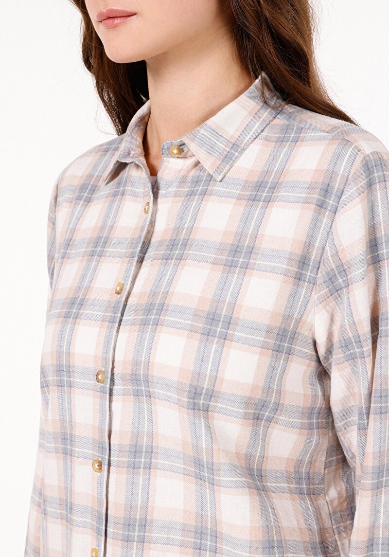 Regular Fit Shirt Neck Ekoseli Kadın Ekru Uzun Kol Gömlek