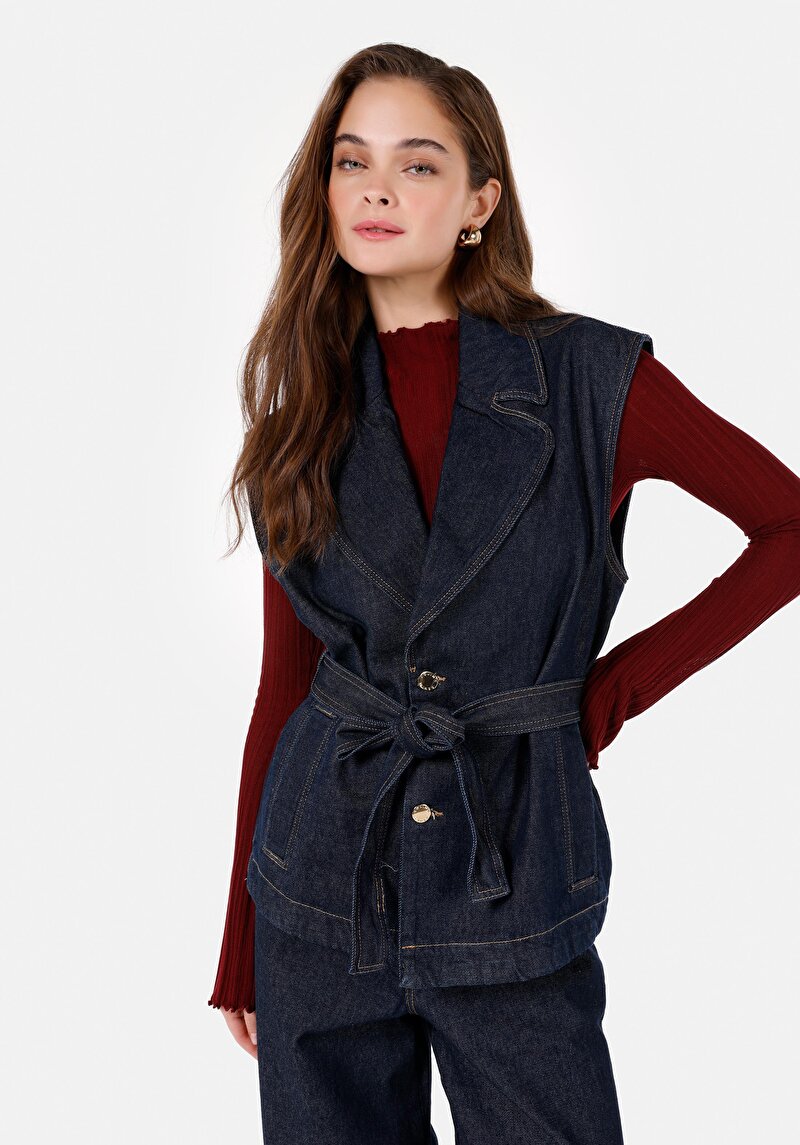 Regular Fit Pamuklu Kadın Mavi Yelek