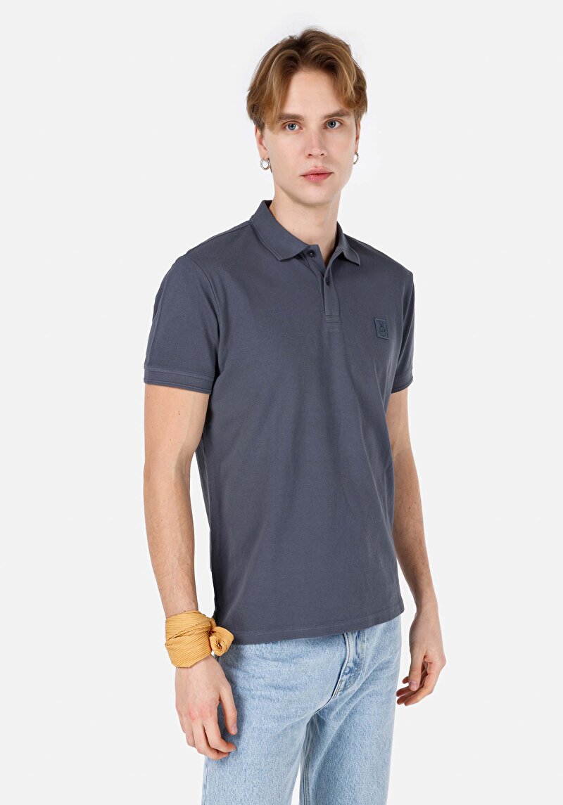 Regular Fit Polo Yaka Düz Erkek Mavi Kısa Kol Tişört