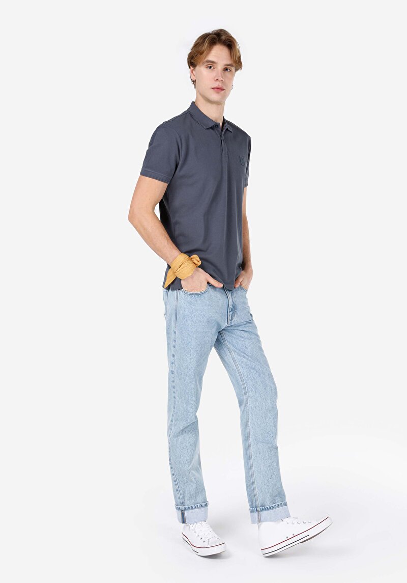 Regular Fit Polo Yaka Düz Erkek Mavi Kısa Kol Tişört