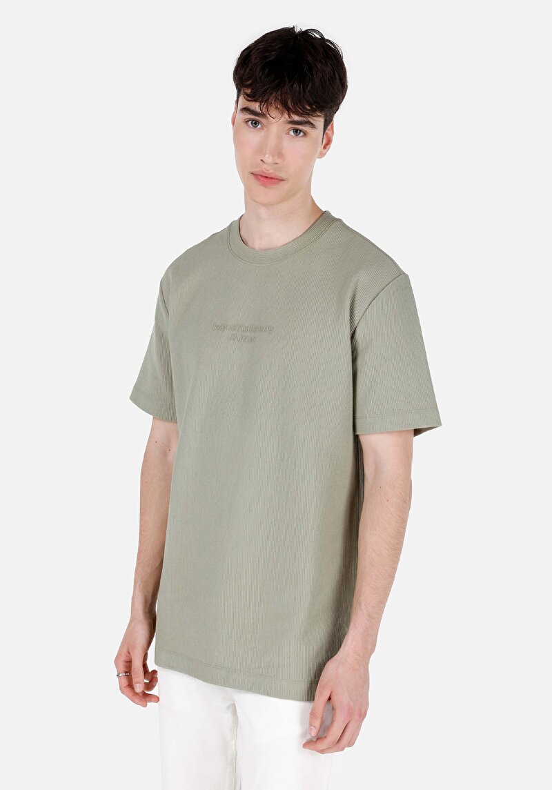 Comfort Fit Yuvarlak Yaka Düz Erkek Yeşil Yazı Baskılı Kısa Kol Tişört