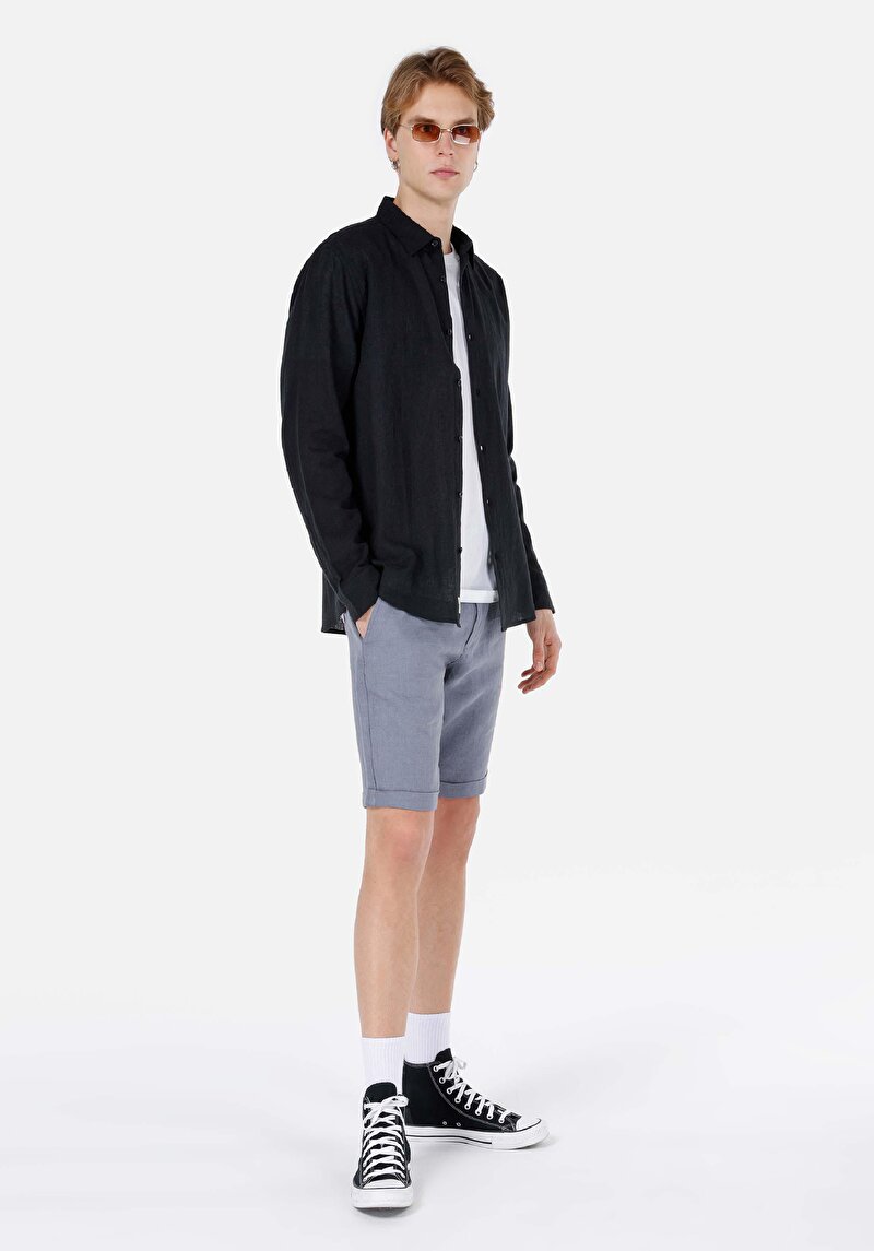 Regular Fit Dokuma Orta Bel Düz Erkek Mavi Şort