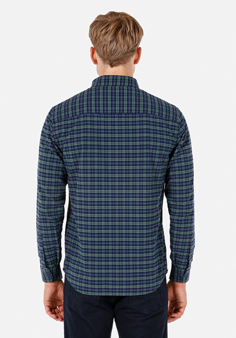 Regular Fit Pamuklu Shirt Neck Ekoseli Erkek Yeşil Uzun Kol Gömlek
