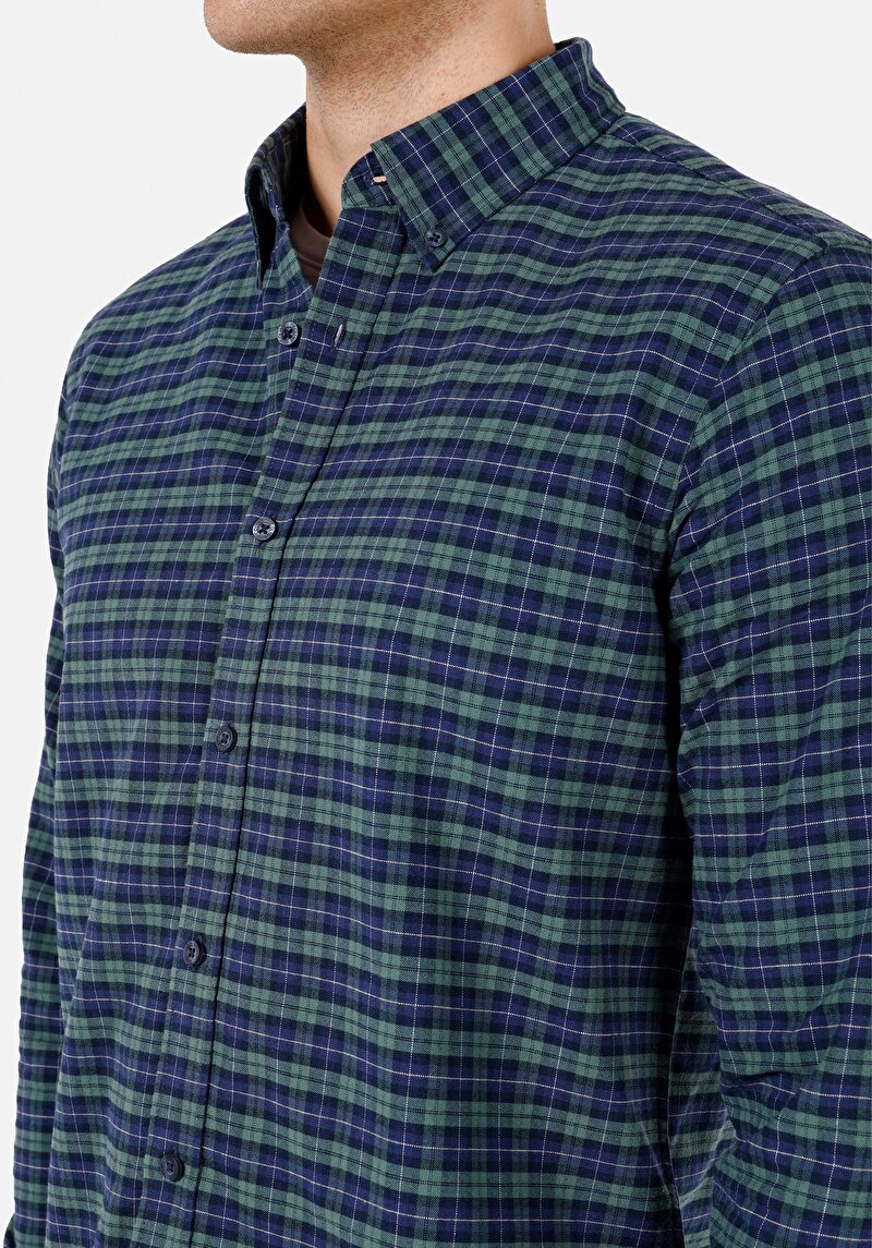 Regular Fit Pamuklu Shirt Neck Ekoseli Erkek Yeşil Uzun Kol Gömlek