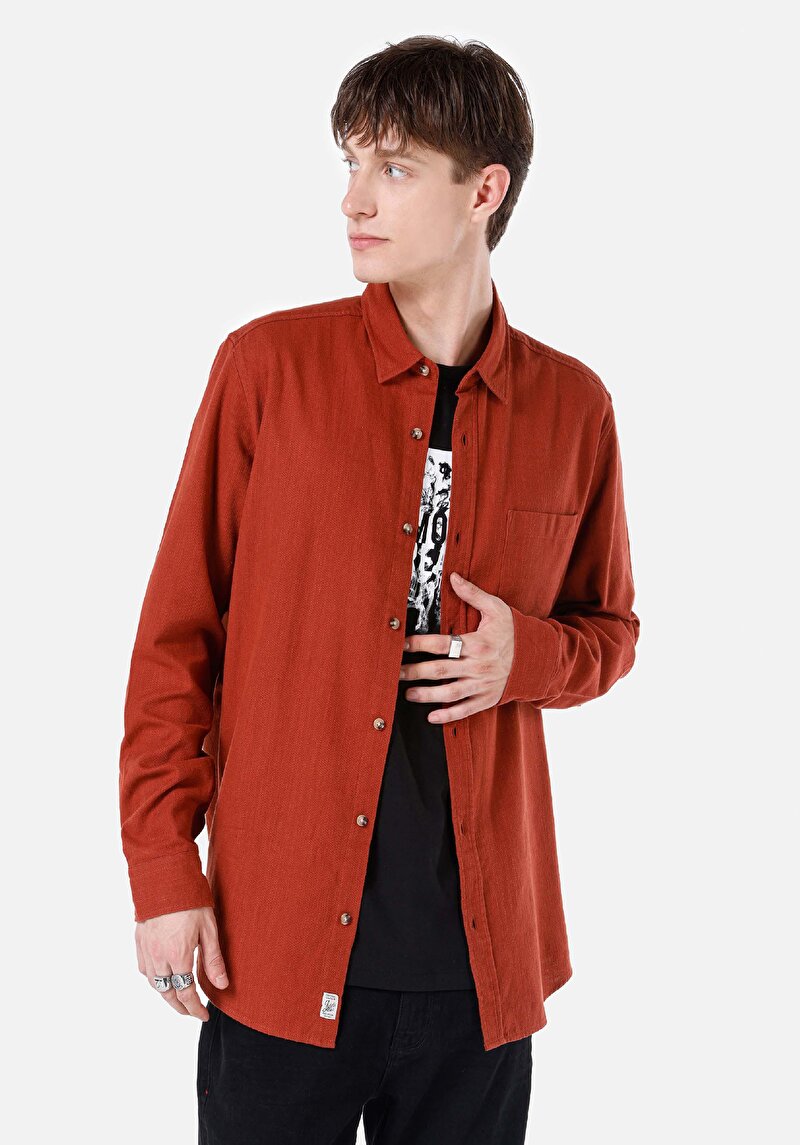 Regular Fit Shirt Neck Düz Erkek Turuncu Uzun Kol Gömlek